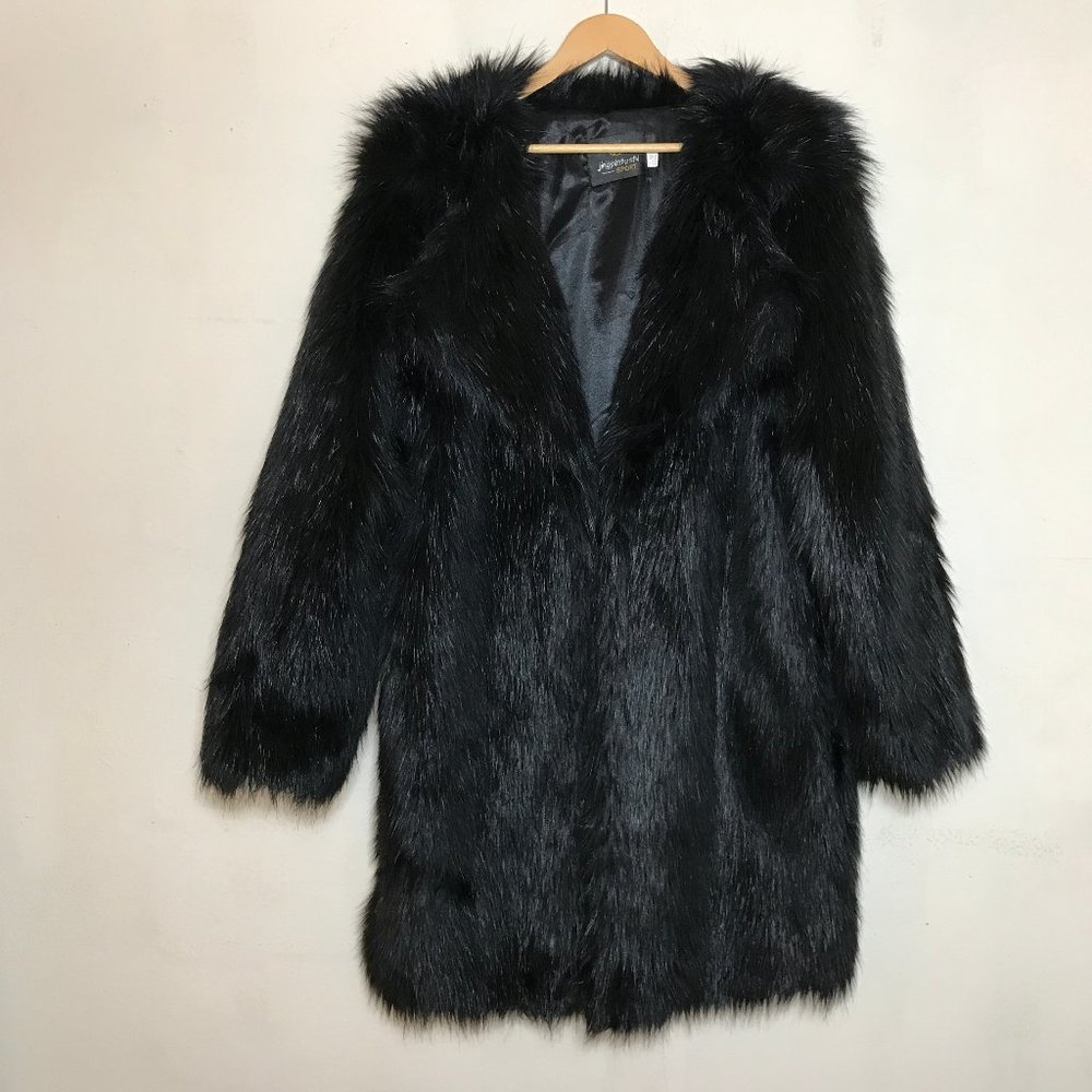 Vintage Faux Fluffy Fur Black Coat With Collar & Lapels 2 Pockets Size M